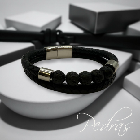 Bracelet pour Homme en cuir à 2 cordons et 5 boules en pierre volcanique