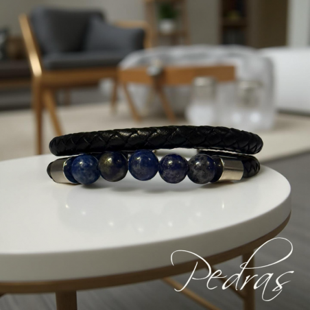 Bracelet Homme 2 rangs de cuir et 5 perles en Lapis Lazuli Bracelet Homme 2 rangs de cuir et 5 perles en Lapis Lazuli