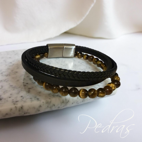 Bracelet Homme 2 rangs de cuir et un rang de Oeil de Tigre Bracelet Homme 2 rangs de cuir et un rang de Oeil de Tigre