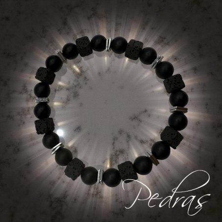 Bracelet Homme Onyx dépoli, Lave carré et carré plat en hematite galvanisée Bracelet Homme Onyx dépoli, Lave carré et carré plat en hematite galvanisée