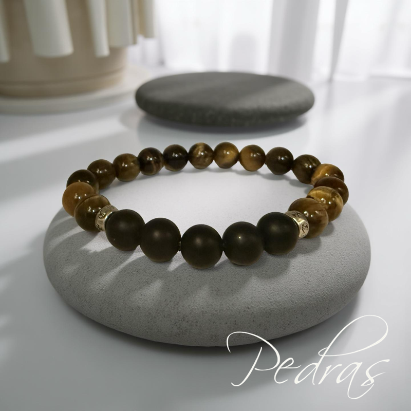 Bracelet Homme oeil de tigre et onyx dépoli